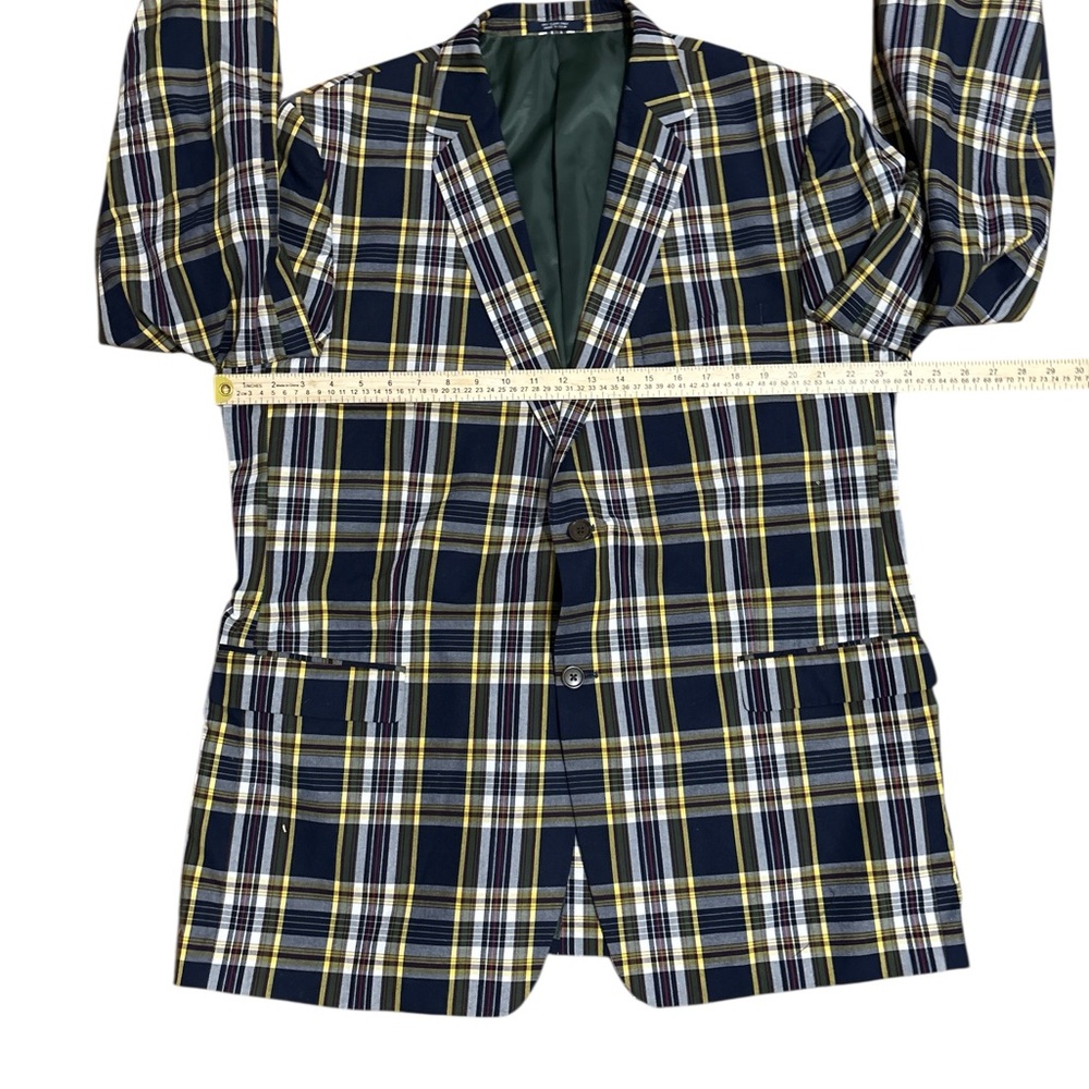 Saddlebred Navy, Yellow Tartan Plaid Sport Coat 46L - Picture 2 of 9
